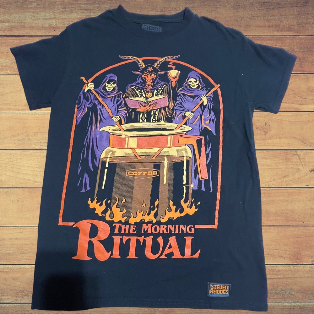 Steven Rhodes‎ The Morning Ritual Coffee Demon Skeletons Graphic T-Shirt Mens S